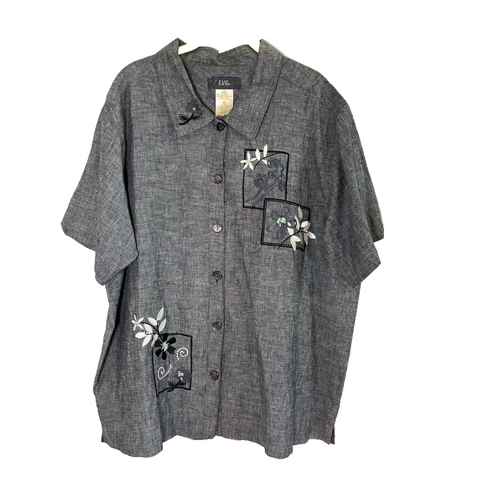 Vintage Floral Embroidery Shirt 18W Gray Retro Neutral Minimalist Lagen Granny